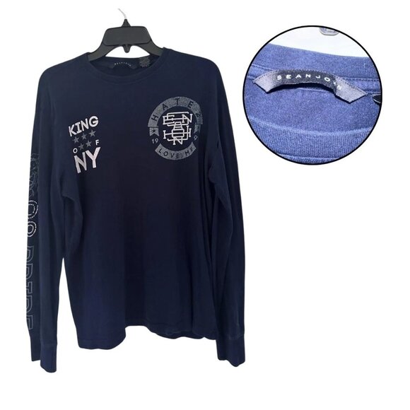 Sean John Men’s Large Blue Long Sleeve Graphic Tee King NY Lettering Sleeve - Picture 1 of 5